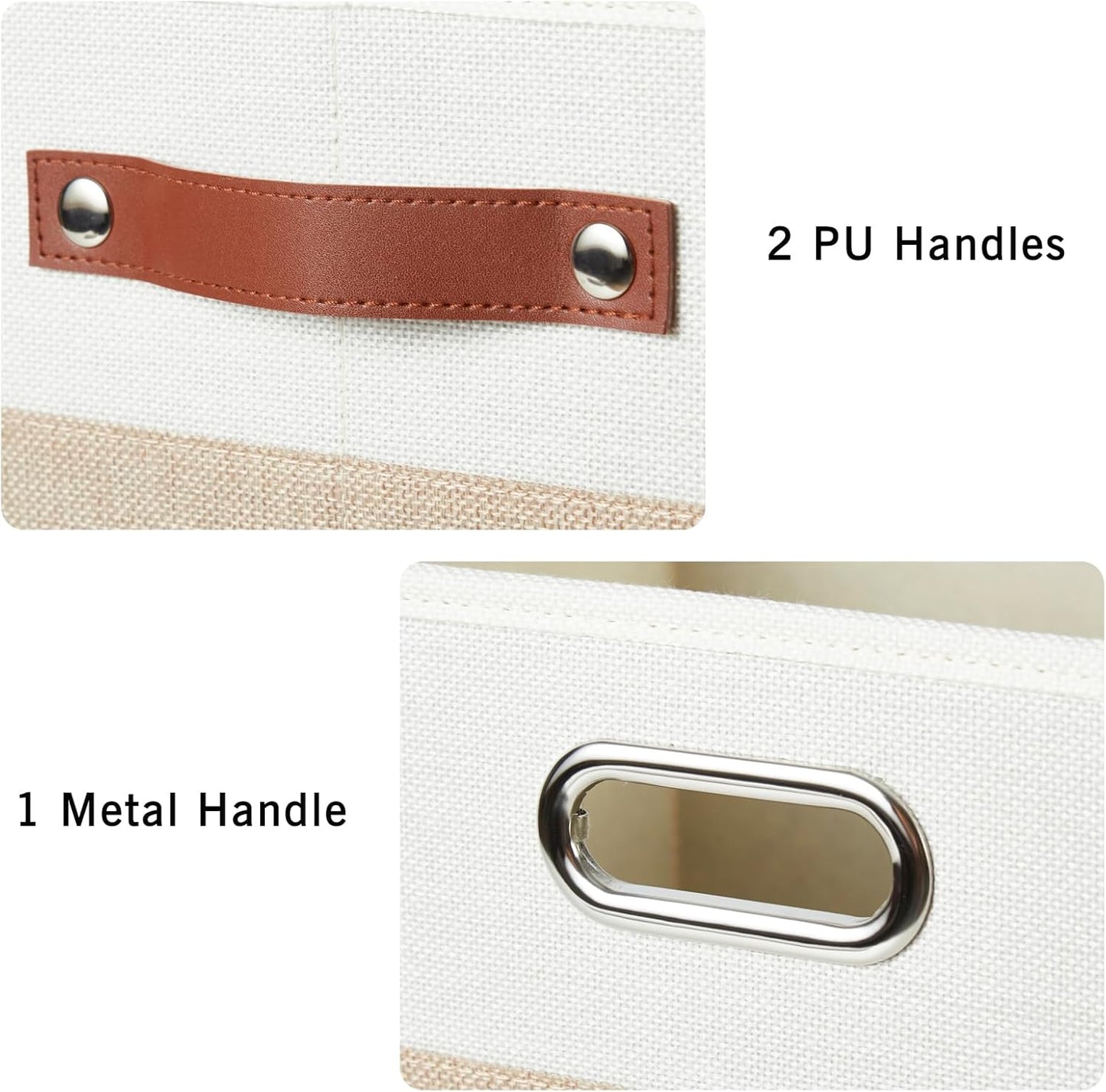 Large Collapsible Fabric Storage Bins with 3 Handles, Foldable Organizer Baskets for Closet, Shelves, Living Room | 3 Pack, Durable PU & Metal Handles (17"x11.8"x11.8", Beige & White)