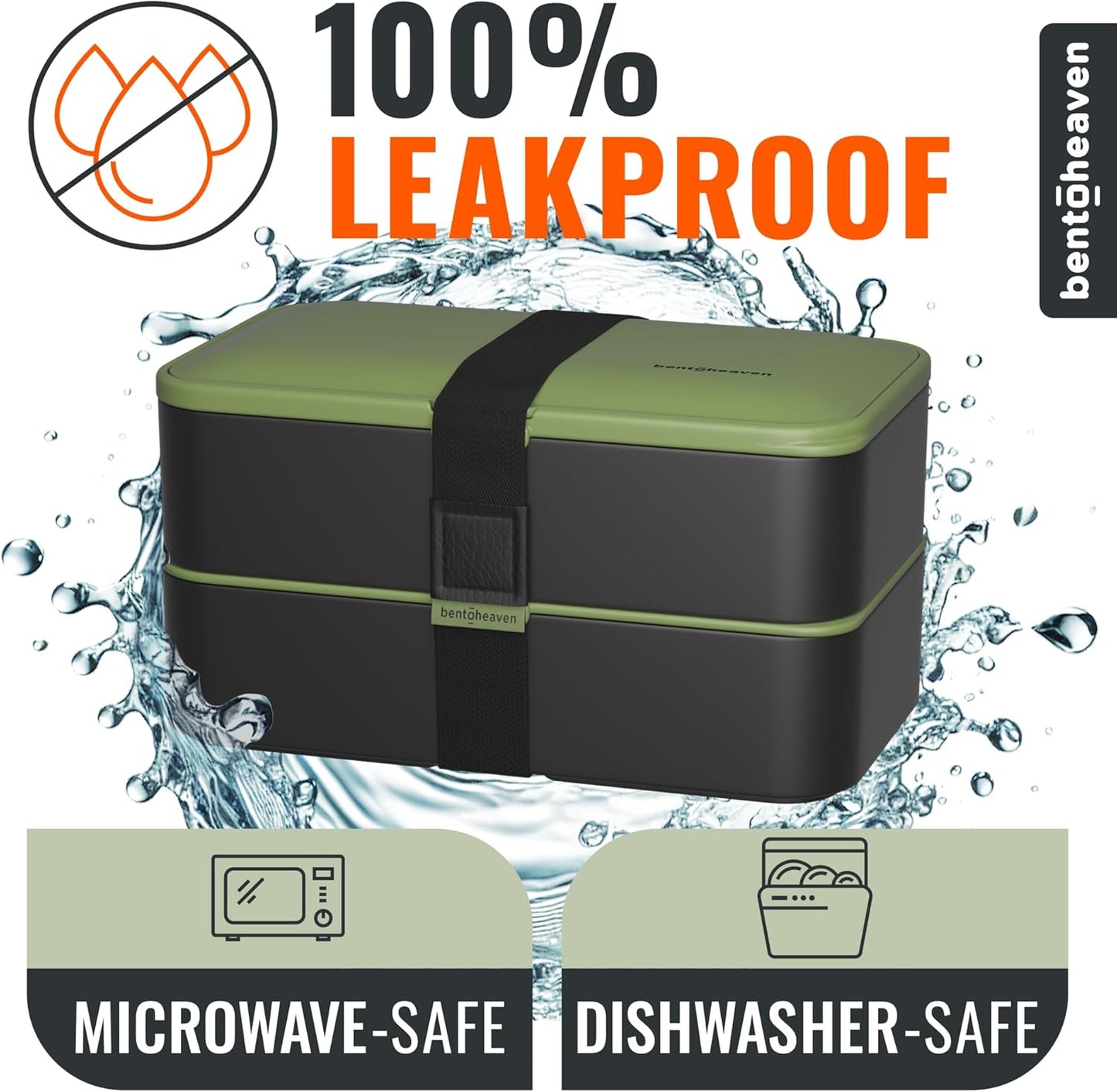 Bentoheaven Premium Bento Box Adult Lunch Box with Compartments for Women & Men, Set of Utensil & Chopsticks & Dip Container, Cute Japanese Kids Bento Lunch Box, Microwavable (Olive Garden)