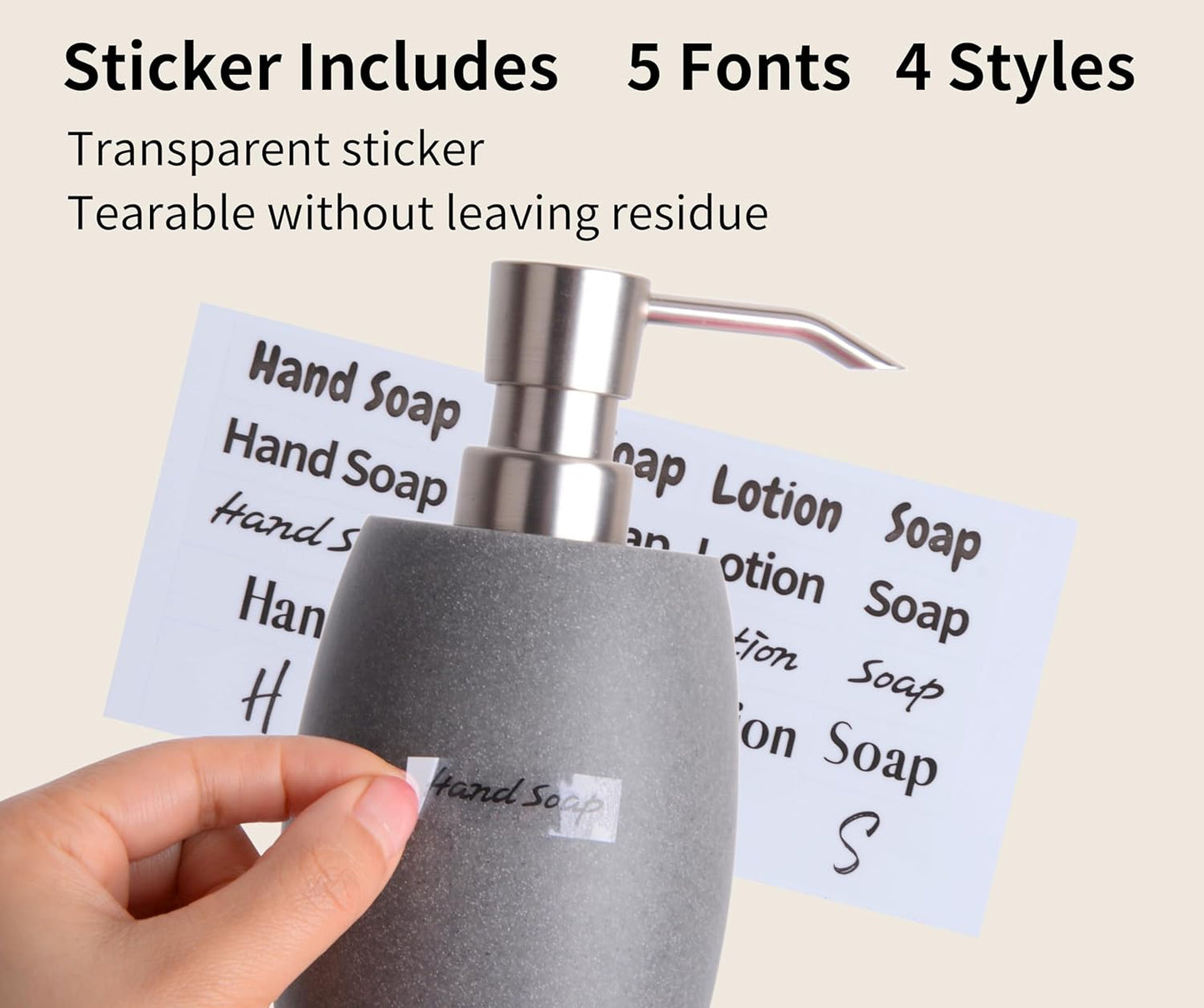 Sandstone Textured Resin Soap Dispenser with Metallic Pump and Waterproof Bottle Labels for Bathroom Kitchen Dish Hand Wash Shower Lotion Shampoo, 12 Oz, 2 Sets Gray