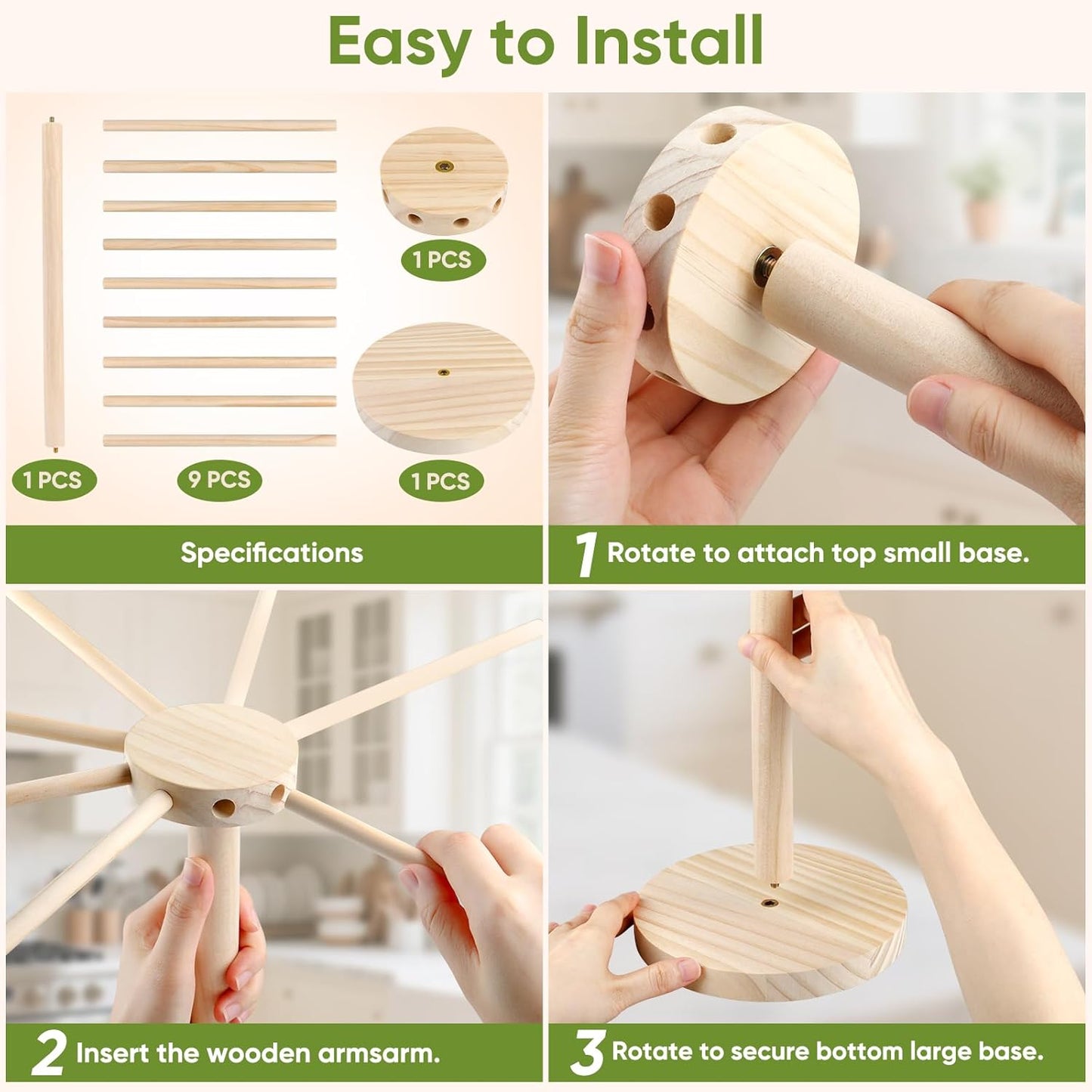 Pasta Drying Rack - 9 Sticks Wooden Pasta Dryer Stand for Homemade Fresh Pasta, Spaghetti, Fettuccine, Tagliatelle - Large Detachable Natural Wood Noodle Rack, Space Saving & Sturdy Design