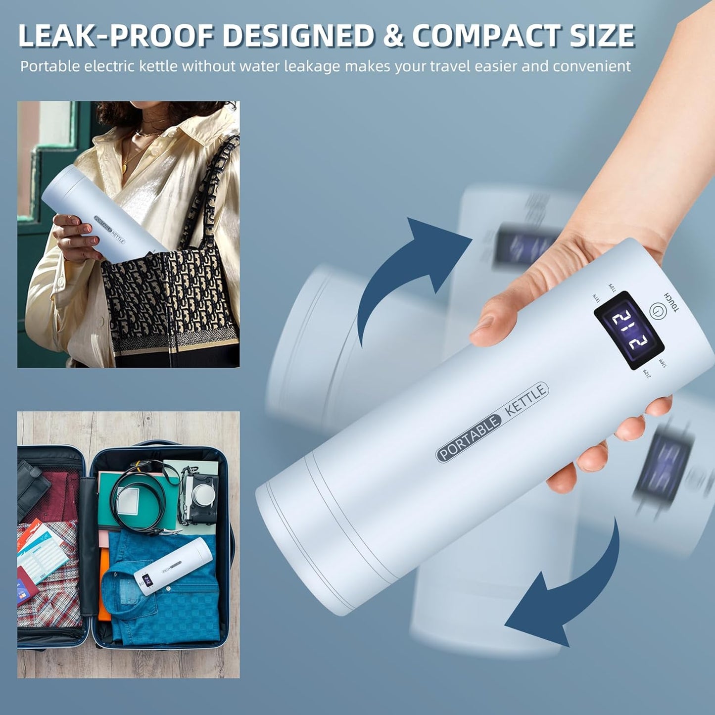 Travel Electric Kettle Portable Small Mini Tea Coffee Kettle Water Boiler, Water Heater with 4 Temperature Control,304 Stainless Steel with Auto Shut-Off & Boil Dry Protection, BPA-Free (Blue)