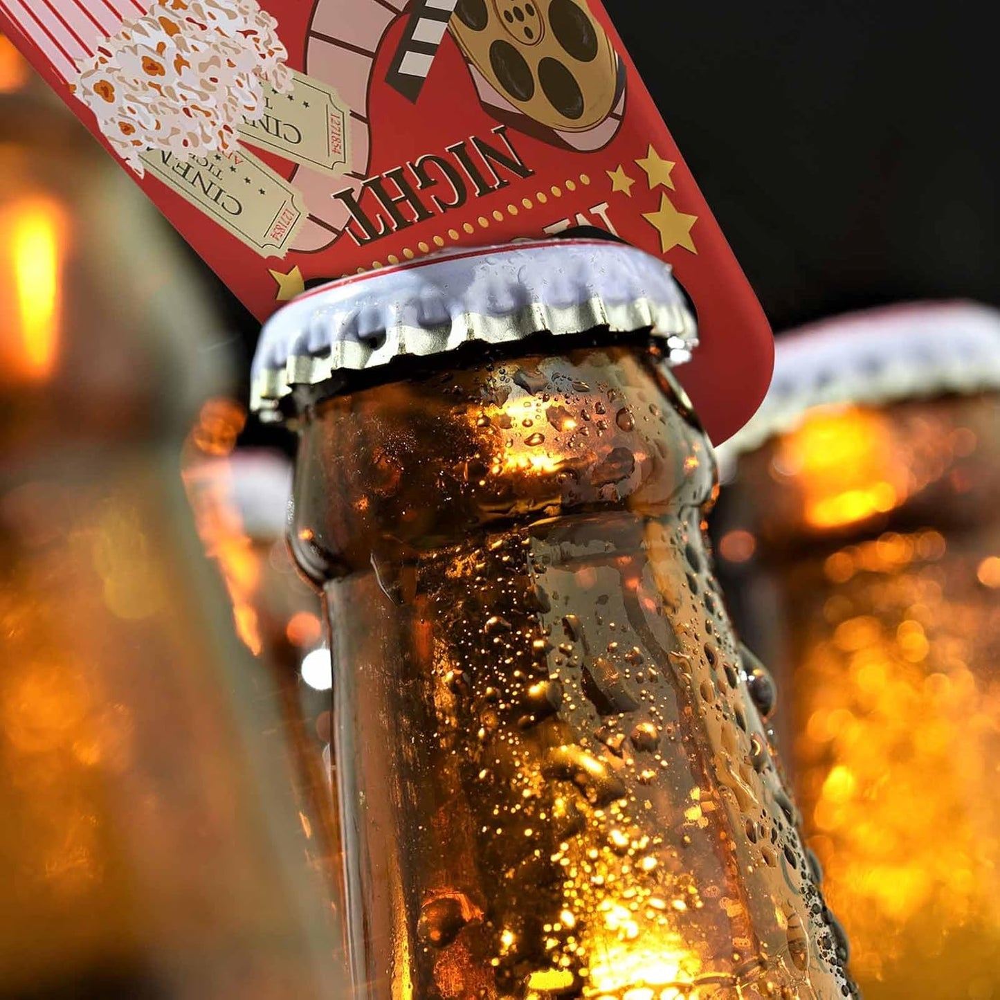 Vintage Cinema Stainless Steel Bottle Opener Movie Night Poster Enjoy The Show and Popcorn Nostalgia Flat Beer Bottle Opener Keychain for Home Kitchen Bar Restaurant Party Birthday Gift