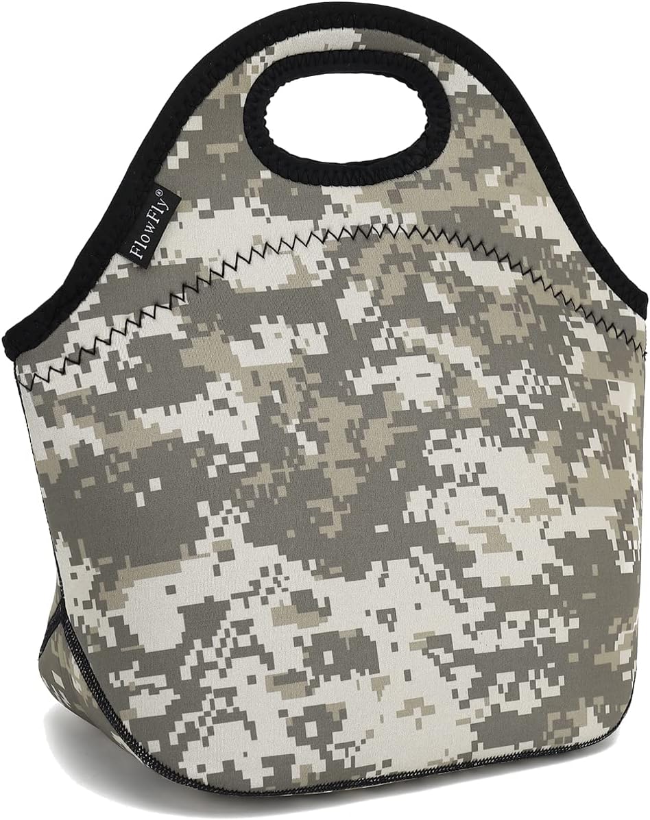 FlowFly Neoprene Lunch Tote Insulated Thermal Reusable Lunch Bag Box for Boys Men with Zipper (Digital Camo)