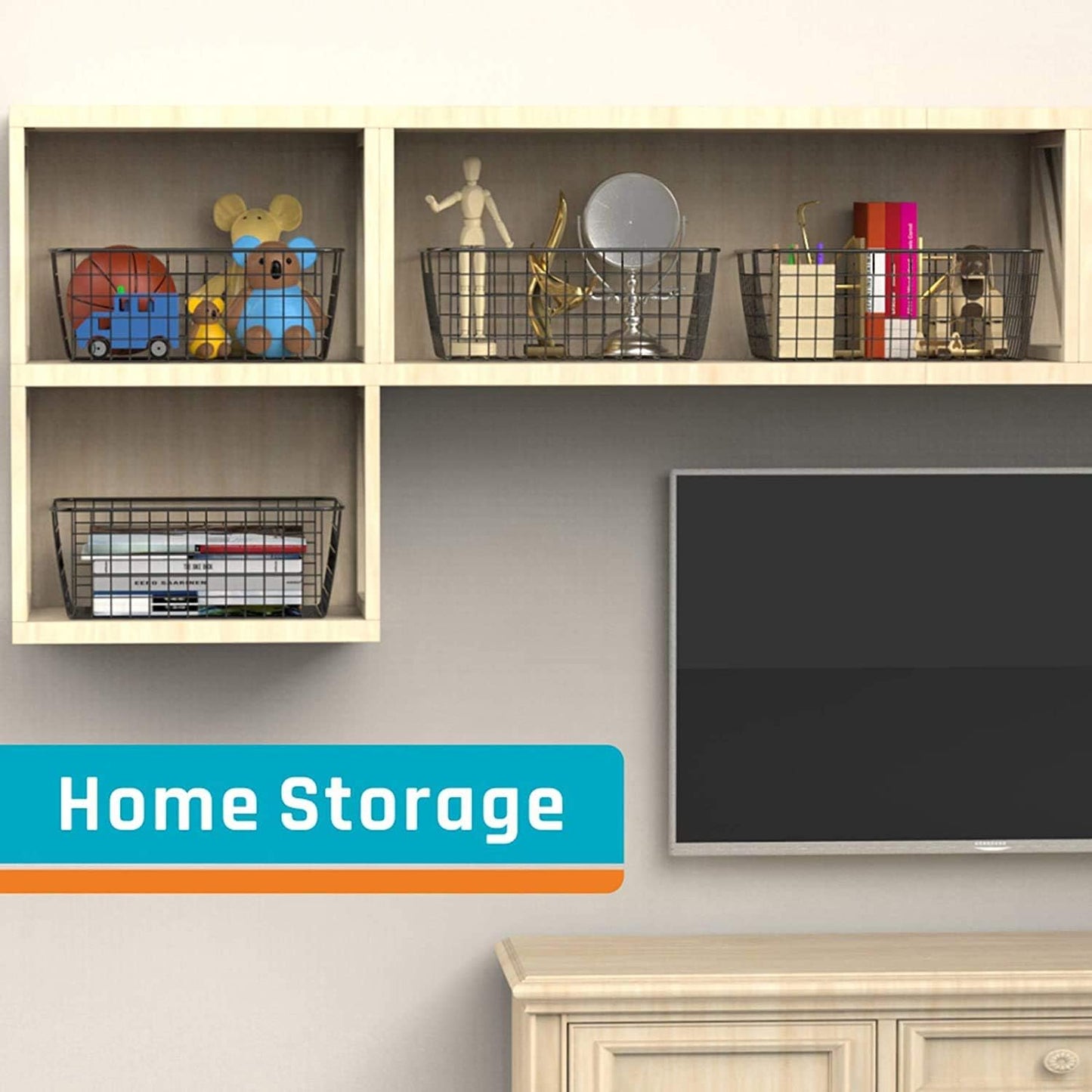 LeleCAT Wire Storage Baskets,Metal Wire Food Storage Organizer Bin Basket with Handles for Kitchen Cabinets, Pantry, Bathroom, Closets, Garage,Black 4 Pack