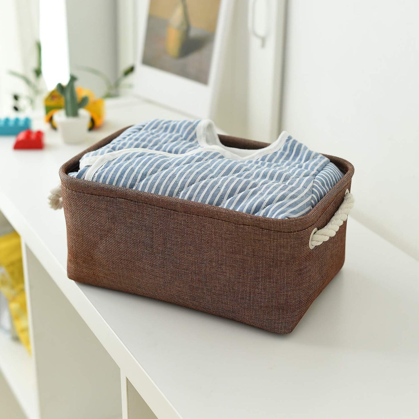 TheWarmHome Small Fabric Canvas Storage Bin with Cotton Rope Handles - Foldable Empty Basket for Gift (Brown-1 Pack,11.8L7.9W5.2H inch)