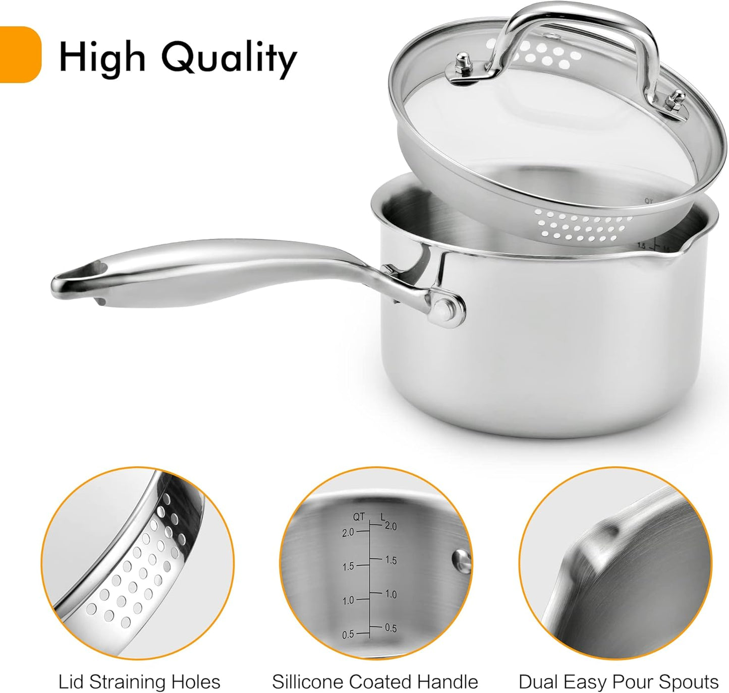Stainless Steel Saucepan with Tempered Glass Lid, 2.5 Quart Multipurpose Cooking Pot, Sauce Pot for Easy Pour with Ergonomic Handle