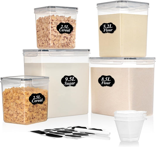 Vtopmart 5 Pack Large Flour and Sugar Storage Containers Set, Airtight Kitchen Pantry Organizers and Storage with Lids for Bulk food, Baking Supplies, BPA Free, Black