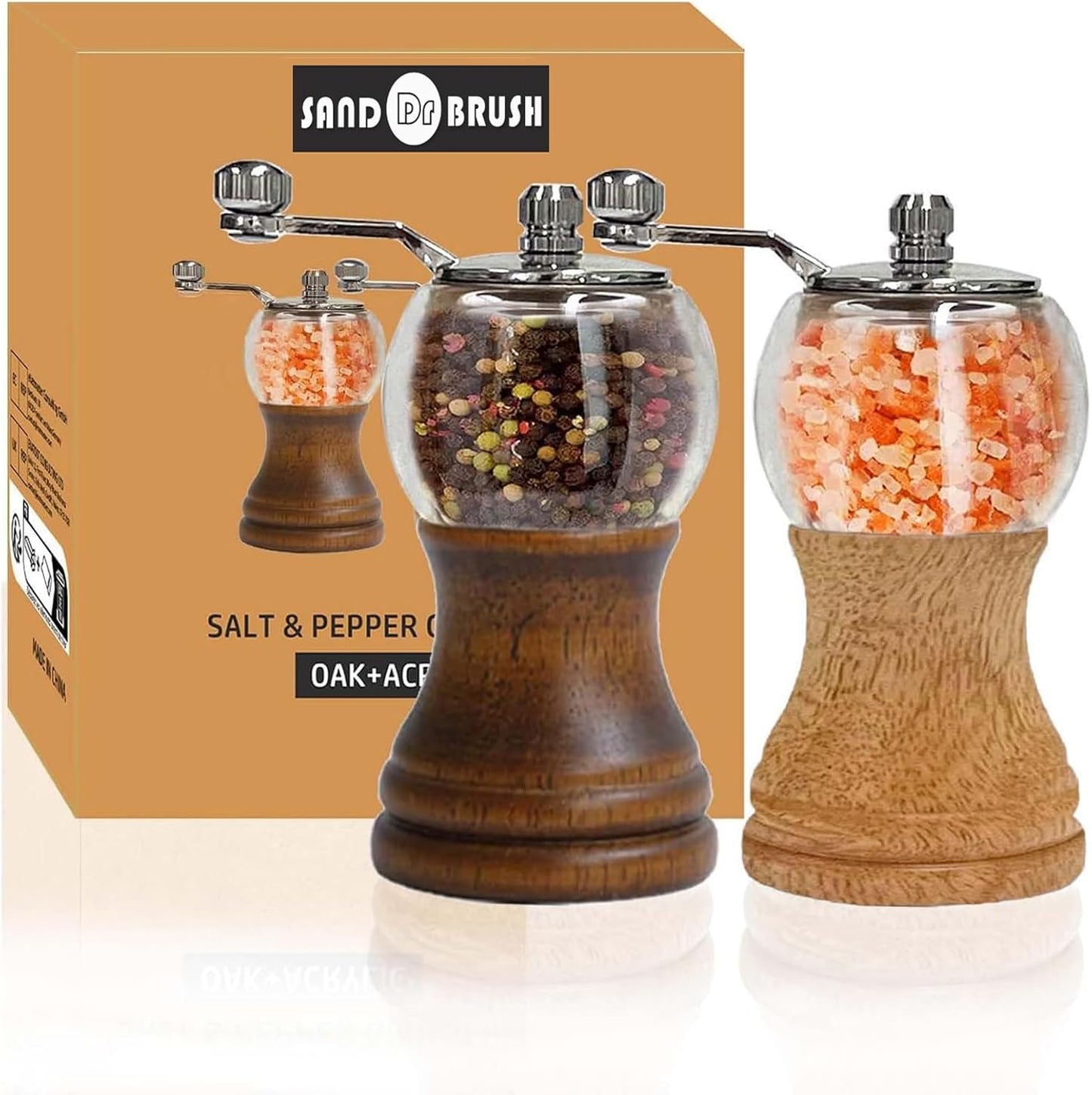 Pepper Mills Pepper Grinder Set, Classical Hand Shake Wooden Pepper Grinder Setrefillable Wood Acrylic grinder, Ceramic Blades & Metal Handle Tools (5in-2pcs-Mixed Color)