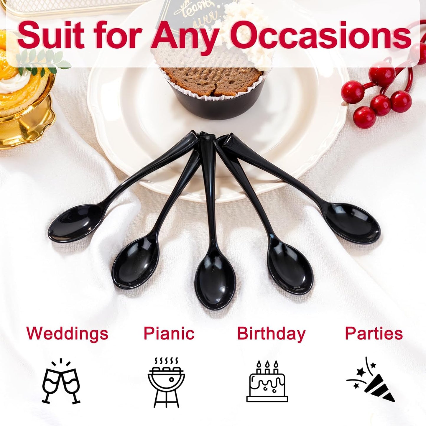 WDF 300 Pieces Black Plastic Mini Spoons-4 Inches Black Plastic Tasting Spoons for Desserts-Heavy Duty Plastic Spoons Perfect for Coffee/Cake/Desserts/Appetizers for New Year/Graduation