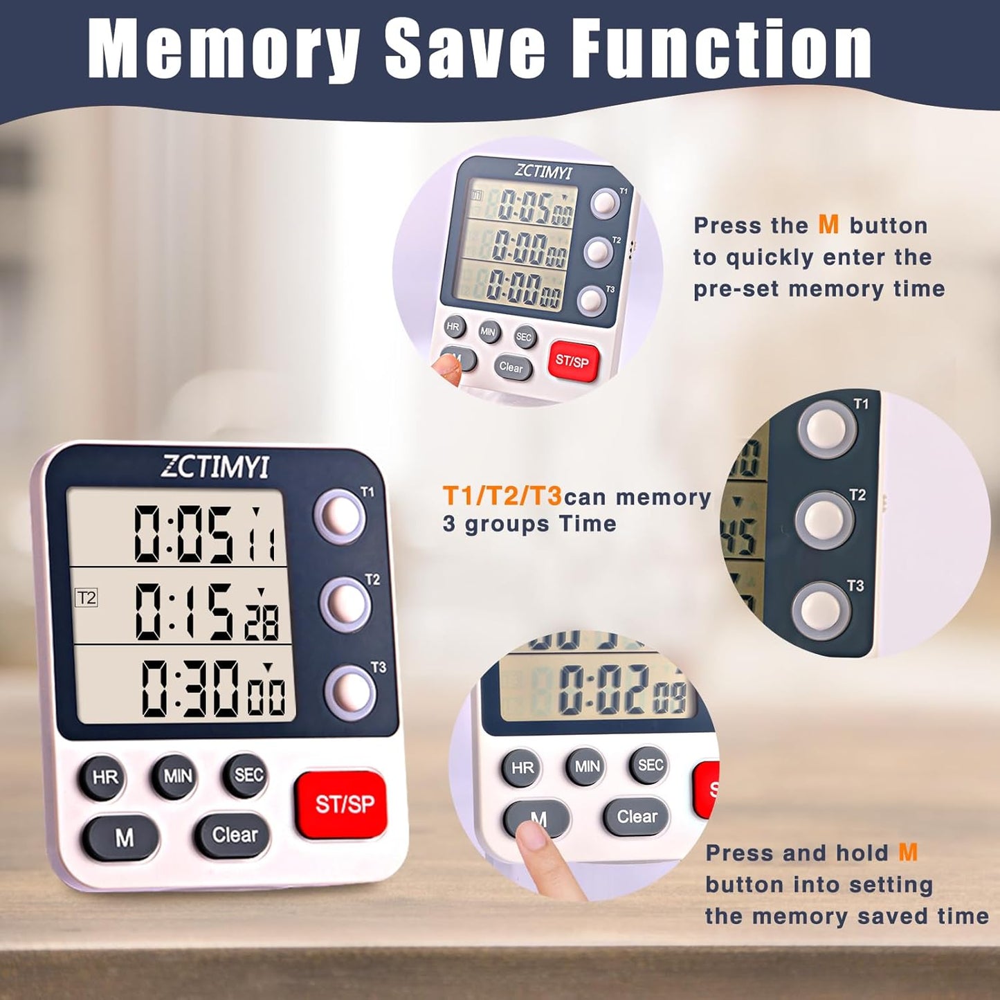 Dual Digital Timer for Kitchen Cooking, 3 Channels Count Down/Up Triple Timer with Memory Presets Magnetic Back & Large Display Adjustable Alarm Volume, Multi Times Management Suit for Baking, White