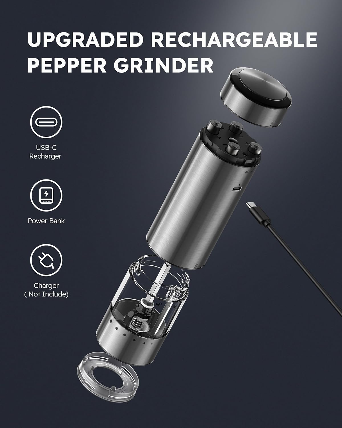 FORLIM Electric Salt and Pepper Grinder Set Rechargeable, Upgraded Washable, Automatic One-Handed Operation with LED, Adjustable Coarseness Pepper and Salt Grinder Refillable, Stainless Steel(Silver）