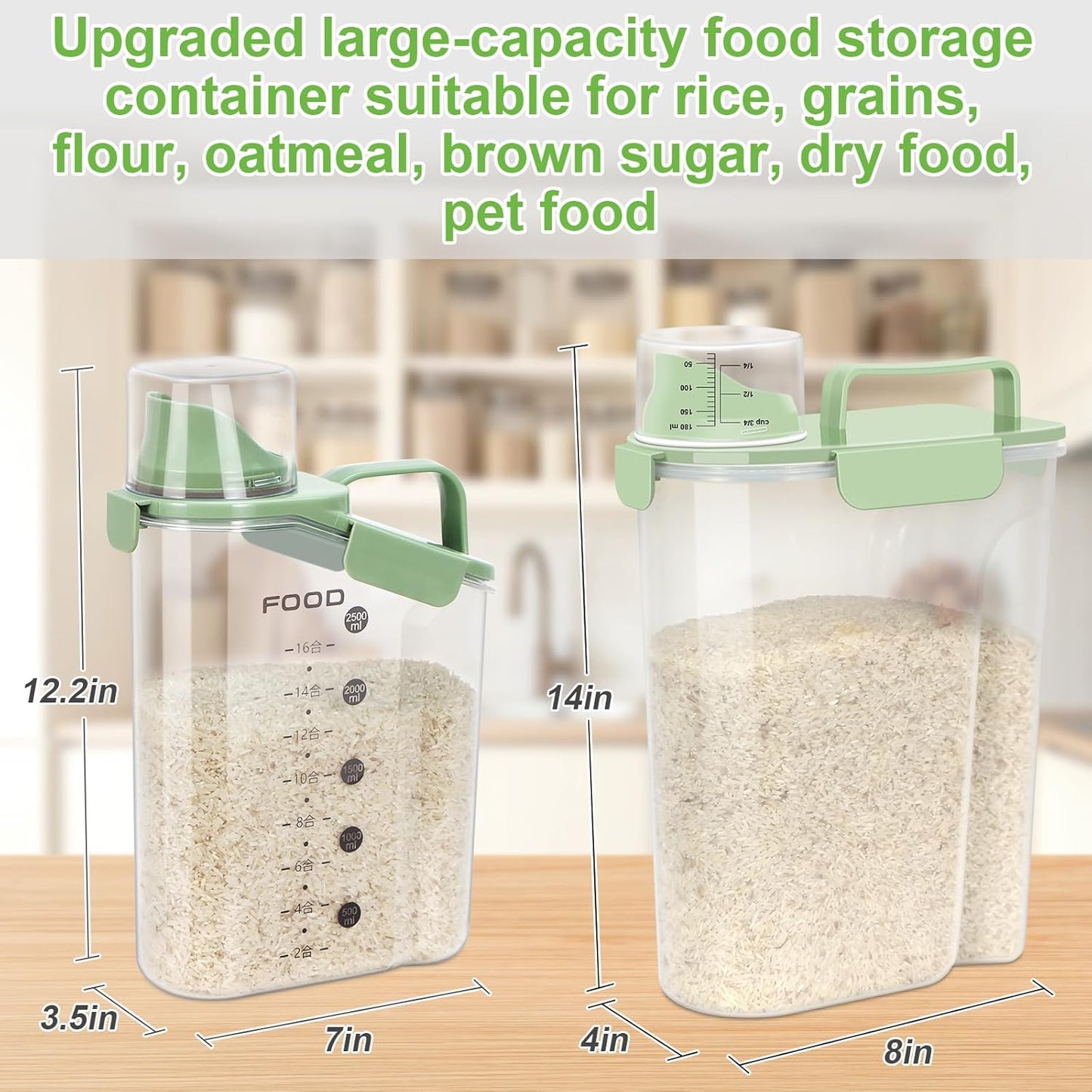 Rice Storage Container, Cereal Containers Storage, Dry Food Airtight Dispenser BPA Free, Clear Plastic Kitchen and Pantry Organization Bin (1, Avocado Green, 5.28Qt)