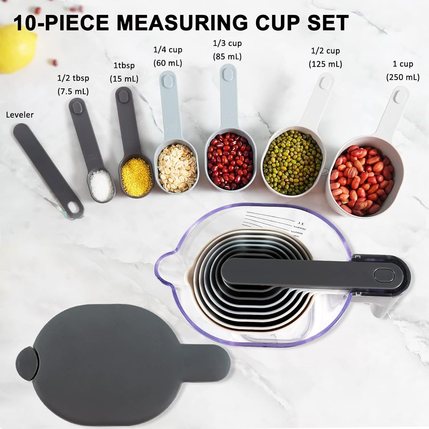 Measuring Cups and Spoons set 10 Pieces, Stackable Measuring Cup with Lid, Kitchen Cooking Baking Measuring Spoons Set for Liquid and Dry, BPA Free, Dishwasher Safe
