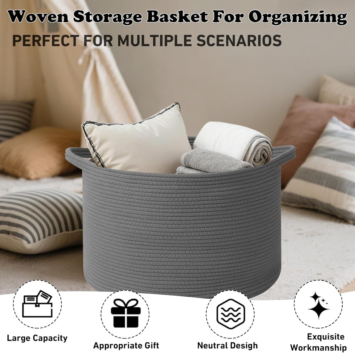 Large Blanket Basket for Organizing,115L Closet Organizers and Storage Bins Box for Shelves Woven Rope Storage Baskets,Living Room,Bedroom,Dorm,Laundry room (Dark Grey)