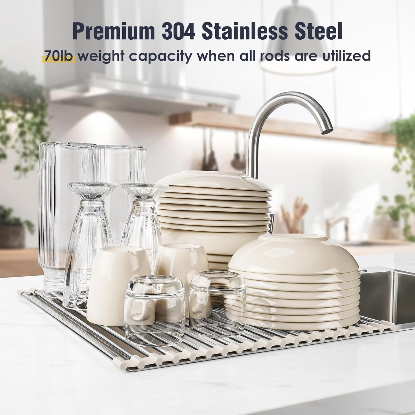 Tomorotec 21" x 15.5" Roll Up Dish Drying Rack Over Sink Drying Rack Sink Cover Kitchen Sink Accessories Gadget Multipurpose Organizer Foldable Stainless Steel Drainer