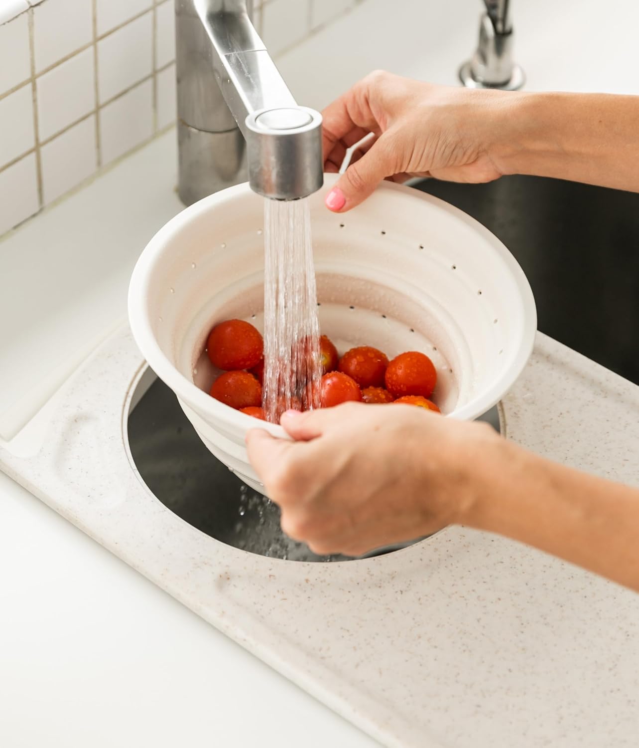 Dexas Over the Sink PolyFiber Flax Cutting Board with Collapsible Colander Strainer, 11.5 x 20", Smoke Blue