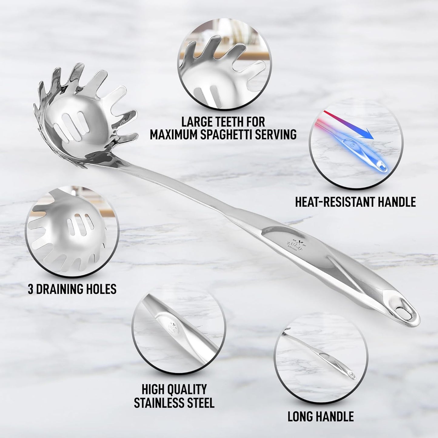 Zulay Kitchen Premium Stainless Steel Spaghetti Spoon - Pasta Spoon with Teeth - Metal Pasta Spoon - Pasta Fork Noodle Spoon - Easy to Use & Clean Pasta Utensil - 12’ Pasta Server