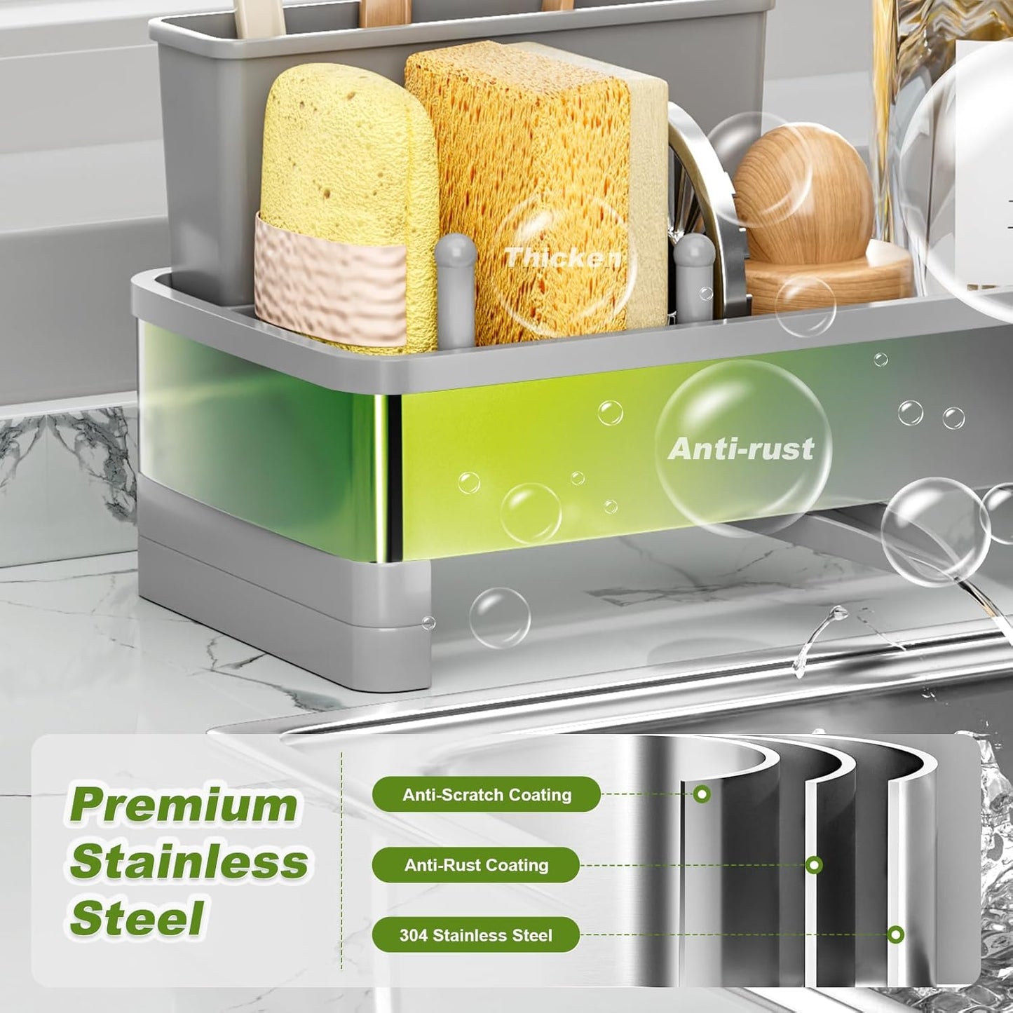Stainless Steel Sink Caddy, Sponge Holder for Kitchen Sink with Brush Holder & Dishcloth Rack, Rustproof Sink Organizer Countertop, Soap Dispenser Kitchen Organizers Storage Essentials (Gray)