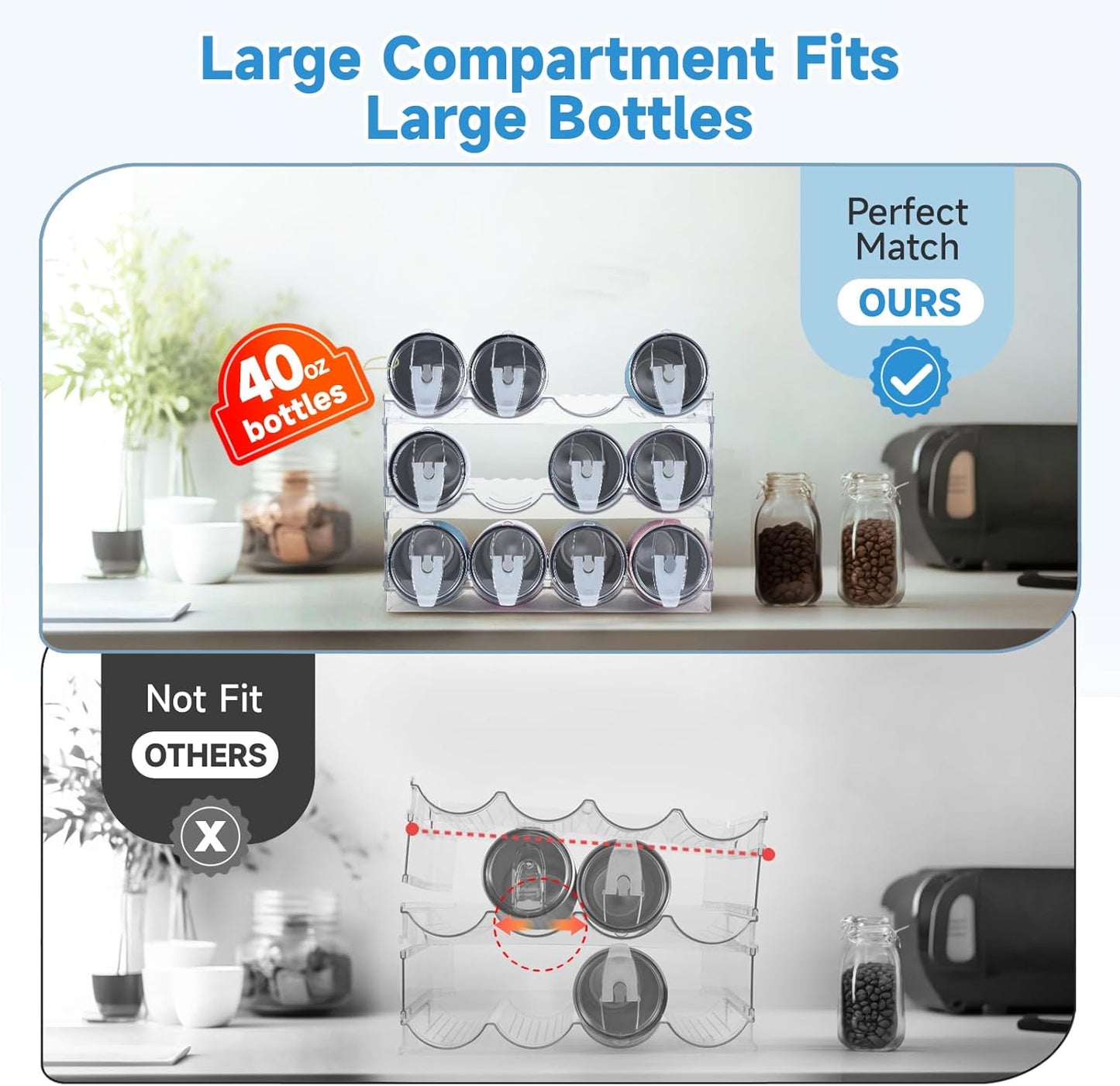 Large Compartment Water Bottle Organizer Rack,3 Pack Stackable Tumbler Storage for Kitchen Fridge Cabinet Organization and Storage,Wine/Drink/Water Bottle Storage Organizer