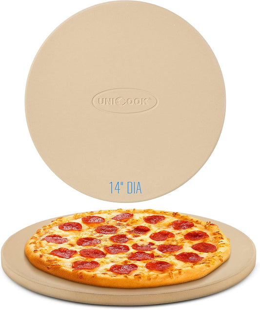 Unicook 14 Inch Round Pizza Stone, Heavy Duty Cordierite Baking Stone for Oven and Grill, Thermal Shock Resistant, Ideal for Baking Crispy Crust Pizzas, Bread, Pies and More, Includes Dough Scraper