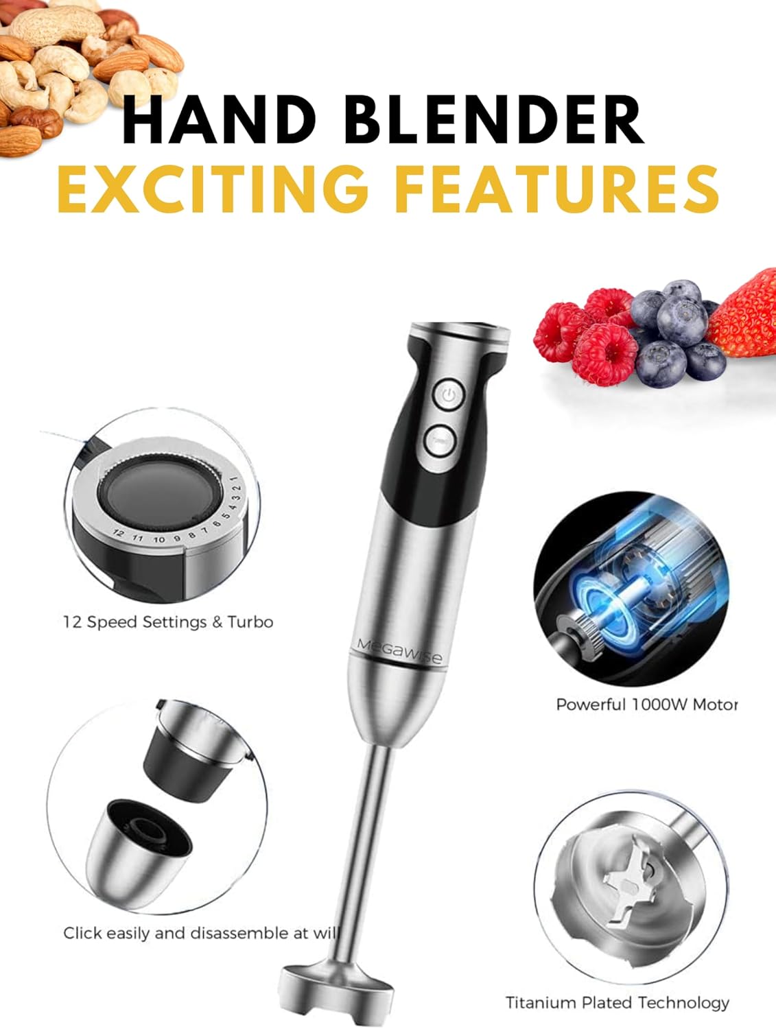 MEGAWISE new Hand Blender Series Only one Hand Blender,no attachments,12-Speed,Includes Powerful Blender Stick- Easy to Clean and Perfect for Smoothies, and More (black)