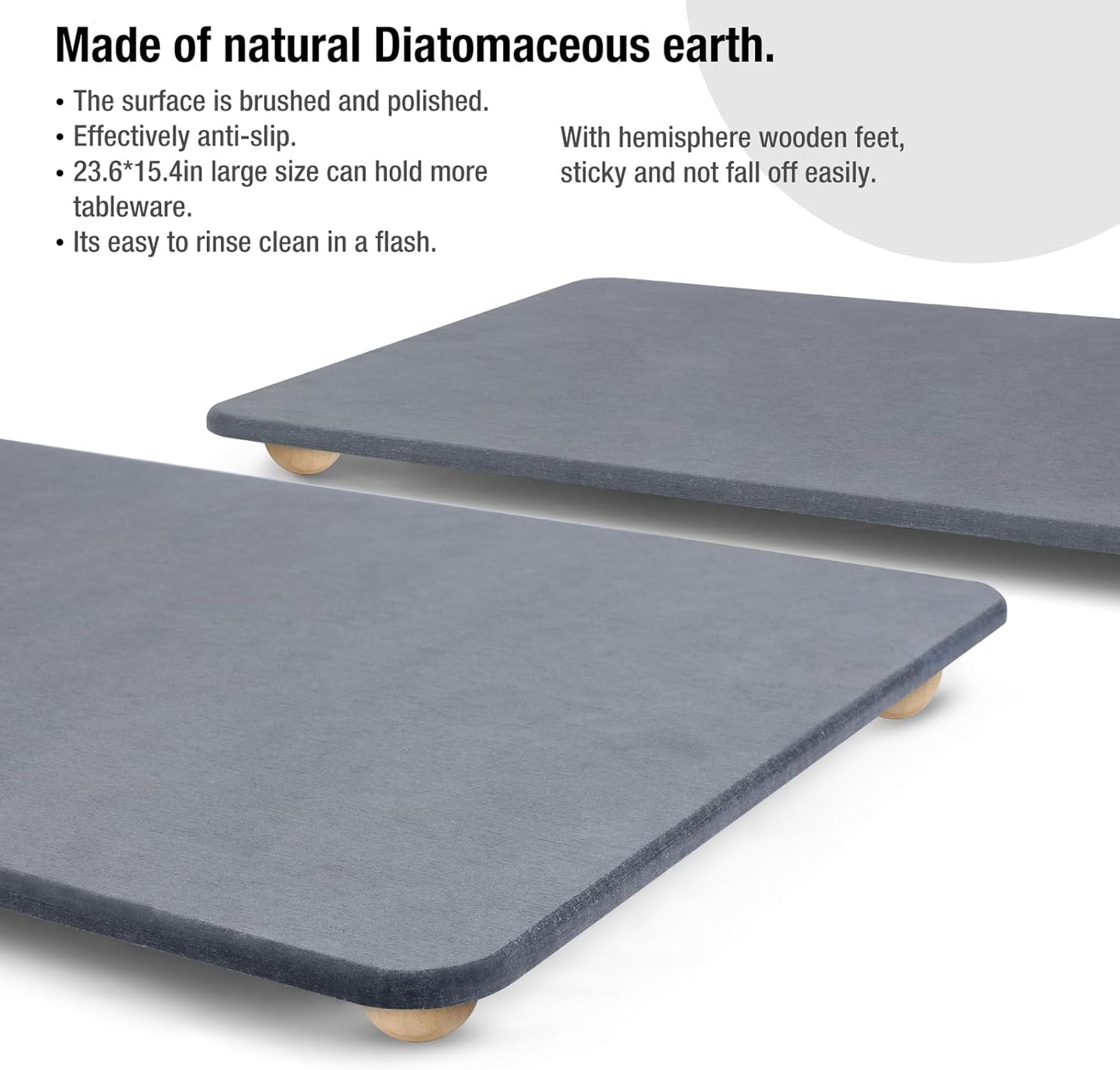 Large Stone Dish Drying Mat for Kitchen Counter, 18"×14" Quick Dry Super Absorbent Eco-Friendly Diatomaceous Earth Stone Mat with hemisphere wooden feet, Non-slip, Heat Resistant, Multi-purpose mats