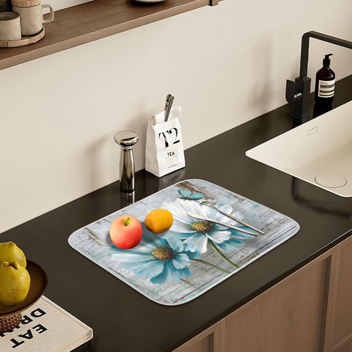 Rustic Teal White Daisy on Vintage Wooden Dish Drying Mat for Kitchen Counter Absorbent Microfiber Small Drying Pad Dish mats for Kitchen Countertops 16 x 18 Inch