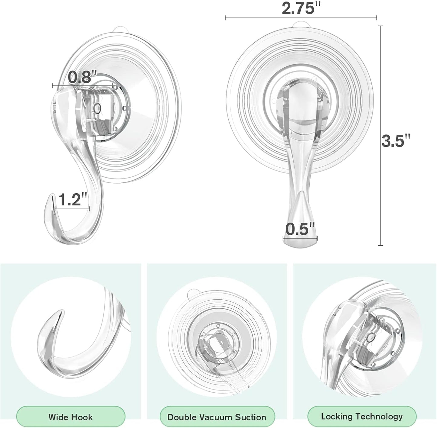 VIS'V Large Suction Cup Hooks with Wipes, Heavy Duty, Removable and Reusable, Clear, 5 Pcs