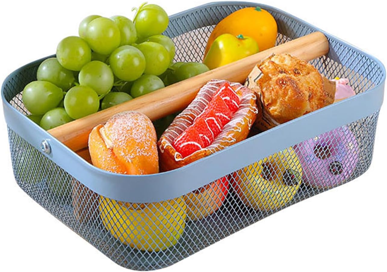 Metal Mesh Steel Storage Basket, Garden Harvest Wire Organizer Basket Multi-functional Kitchen Fruit Basket with Wooden Removable Partition & Handle for Bathroom Picnic Decor Cabinet, Blue