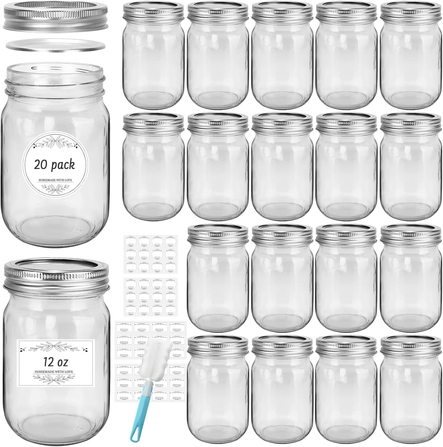 12 oz Glass Mason Jars, 20 Pack Regular Mouth Glass Canning Jars with Silver Aluminum Lids and Bands, Airtight Jam Jars for Food Storage, Pickling, Fermenting, Honey, Jelly, DIY Candles Decor