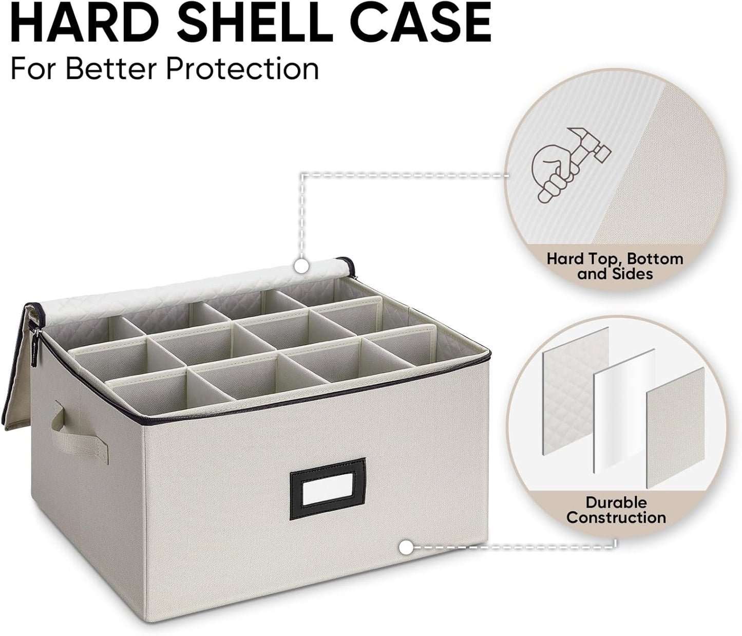 BALEINE China Storage Containers, Sturdy Quilted Wine Glass Storage, Plate Organizer with Carry Handles, Moving Boxes for Dishes, Cups, Mugs and Stemware (Wine Glass, Hard Shell Cream)