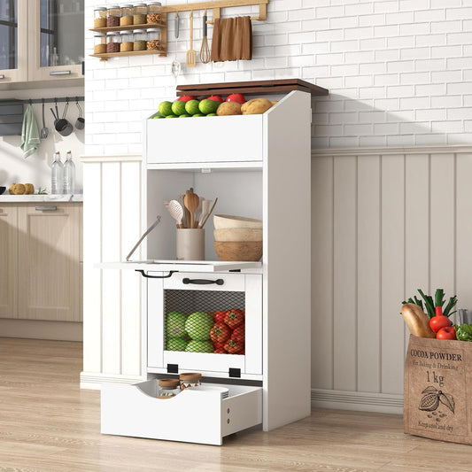 Patiorama Wood Potato and Onion Storage Bin Box with Lid, 4-Tier Farmhouse Wooden Bread Box Cabinet with 2 Mesh Doors & Rolling Drawer, Large Vegetable Storage Bin Organizer for Kitchen Pantry White