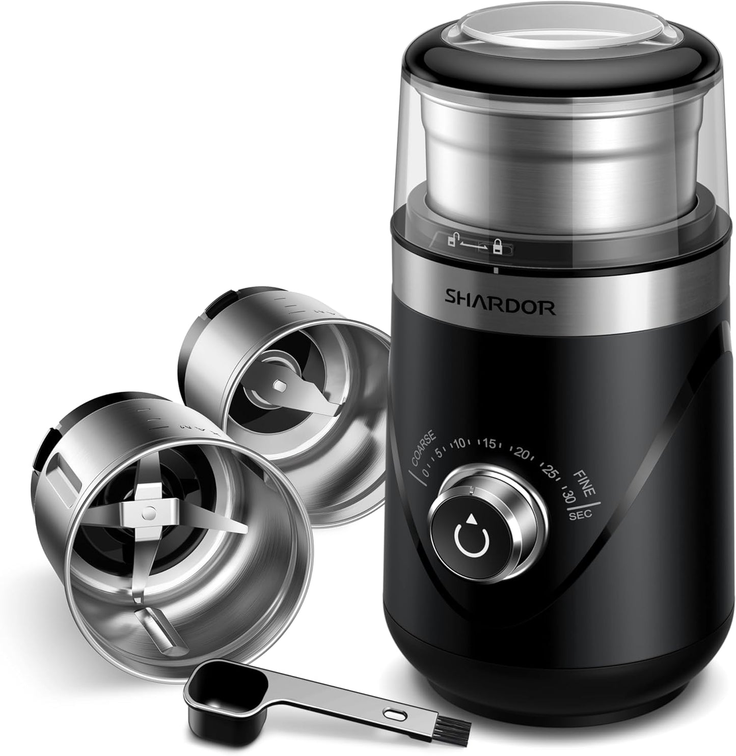 SHARDOR Electric Super Silent Blade Coffee Grinder, Timed Grind Control Rotary Knob, Adjustable Coarse to Fine for Coffee Beans, Spices & Herbs, with 2 Removable Stainless Steel Bowl, Black