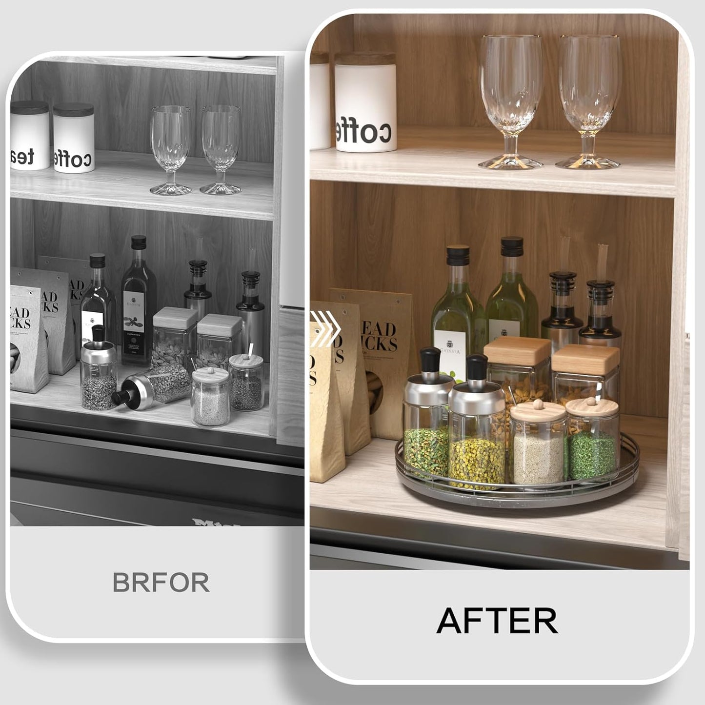 12" Silver Lazy Susan for Table Top, Oak Wood Lazy Susan Turntable Organizer for Dining Coffee Table Centerpiece Bar Decor Kitchen Countertop Bathroom Vanity Decorative Tray for Perfume Jewelry Round