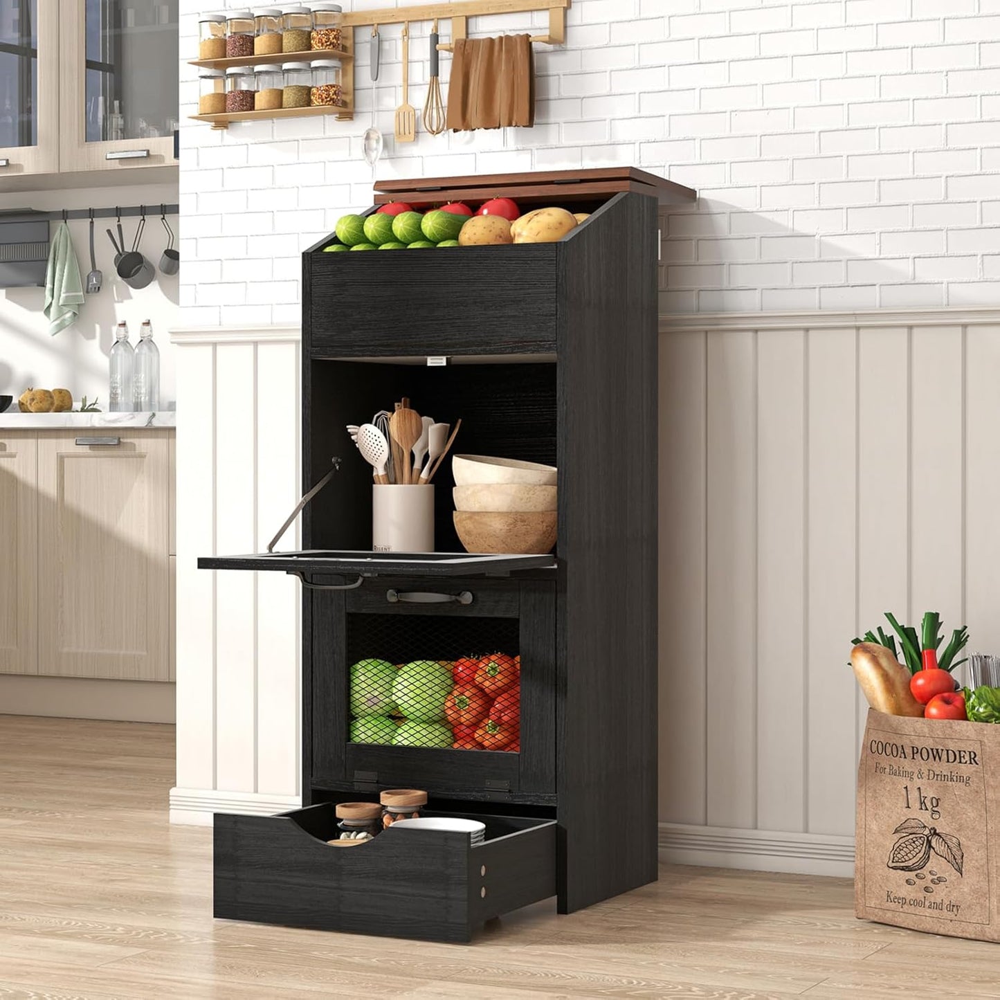 Patiorama Wood Potato and Onion Storage Bin Box with Lid, 4-Tier Farmhouse Wooden Bread Box Cabinet with 2 Mesh Doors & Rolling Drawer, Large Vegetable Storage Bin Organizer for Kitchen Pantry Black