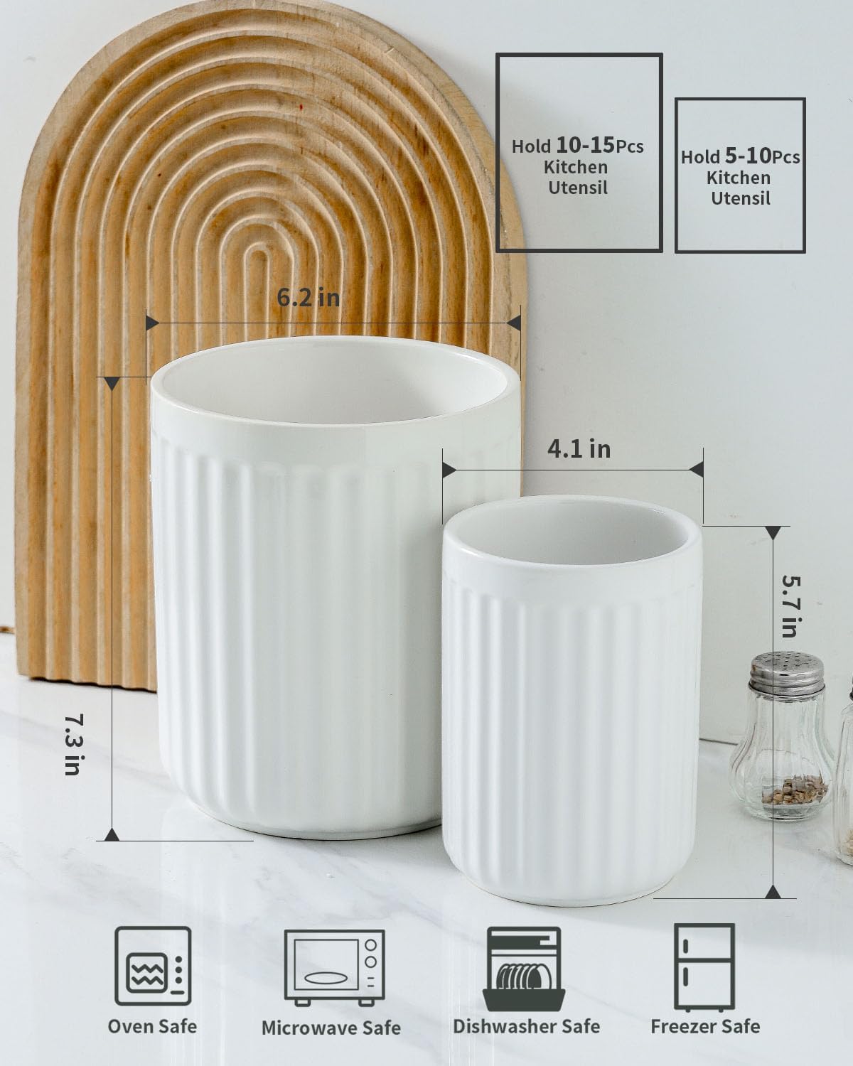 Hasense Utensil Holder Set of 2, 7.3" + 5.7" Farmhouse Utensil Holder for Kitchen Countertop, Stable Ceramic Utensil Crock for Christmas & Housewarming Gift, Spatula Holder for Counter, White