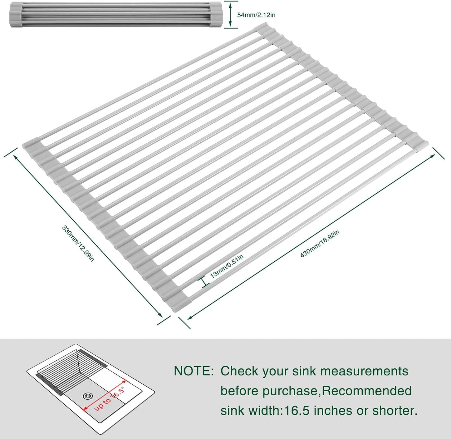 Roll Up Dish Drying Rack Over The Sink Kitchen Roll Up Sink Drying Rack Multipurpose Foldable Sink Drying Mat, Heat-Resistant, Anti-Slip & Anti-Rust Dish Rack for Kitchen, 17" x 13", Grey