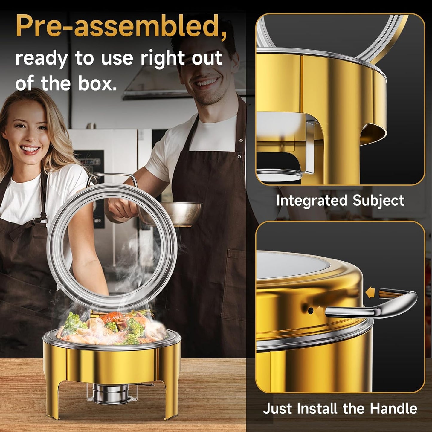 Chafing Dishes for Buffet, 6QT Round Stainless Steel Chafing Dish with Transparent Hydraulic Lid, 304 Food Pan, Buffet Warmer for Parties and Events (Golden)