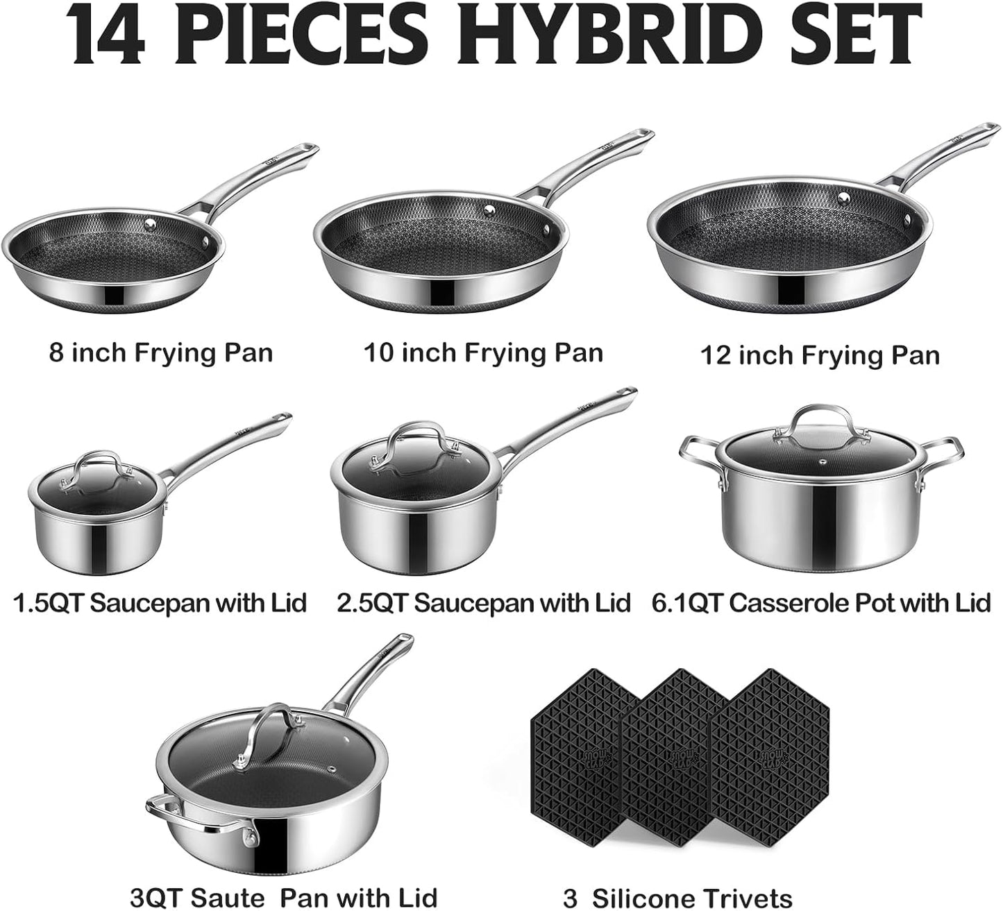 SNOWCLAD Pots and Pans Set Non Stick, 14 Pcs Hybrid Stainless Steel Cookware Sets, Non Stick Frying Pans, Saucepans, Saute Pan & Stock Pot, PFOA Free Kitchen Skillet,Induction Compatible