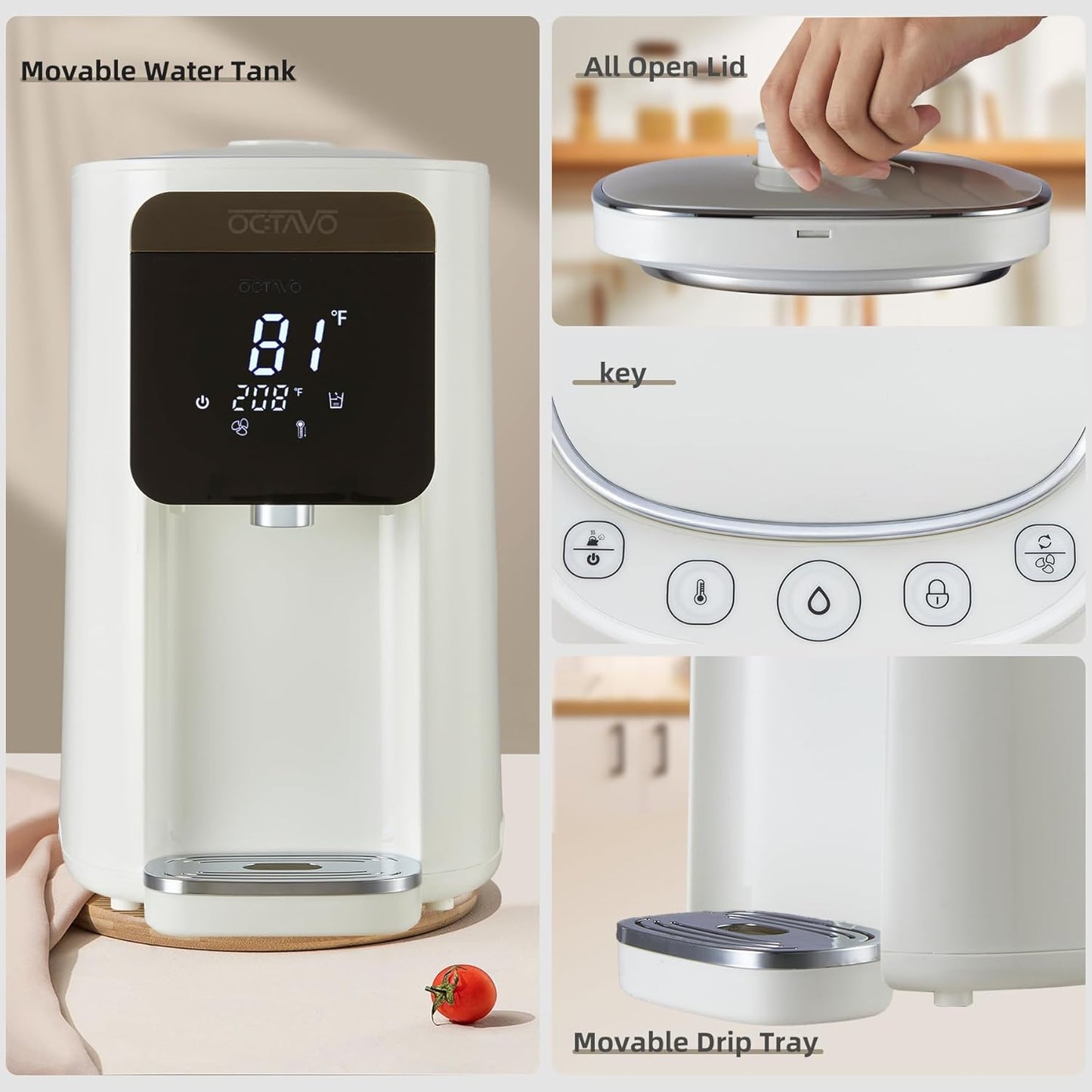 OCTAVO Water Boiler & Warmer 5 Liter, 304 Stainless Steel Water Tank, 700 Watt 6 Adjustable Water Temperature, LCD Touch Control Screen, Child Lock with Water Shortage Indicator