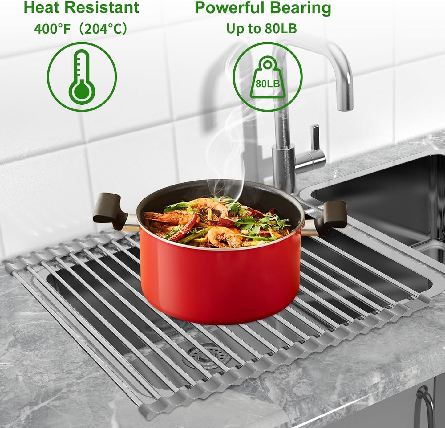 Expandable Roll Up Dish Drying Rack, 23.6"L x 15.7"W Large Stainless Steel Over The Sink Dish Drying Rack with Silicone Wrapped Anti-Slip Foldable Multipurpose Dish Drainers for Kitchen Sink