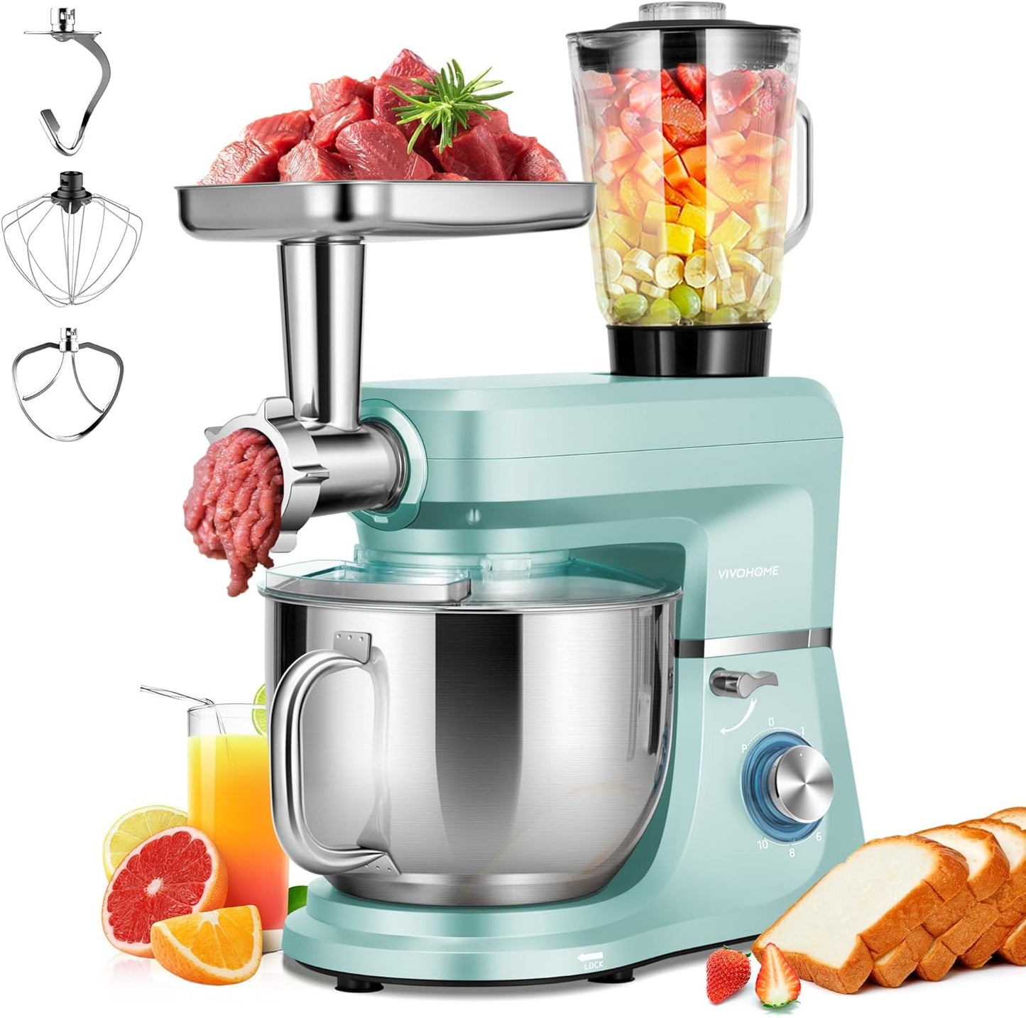 VIVOHOME 6 in 1 Multifunctional Stand Mixer with 8.5 Quart Stainless Steel Bowl, 660W 10 Speed Tilt-Head Meat Grinder, Juice Blender, Vegetable Slicer, Pasta and Cookie Maker, Blue