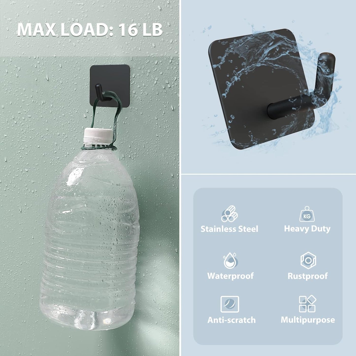 VIS'V Adhesive Hooks, Heavy Duty Shower Wall Stick on Hooks, Waterproof, 2 Extra Adhesive Strips, Black, 4 Pcs