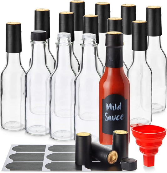 Talented Kitchen 14-Pack Glass Hot Sauce Bottles Kit - 5 Oz Clear Woozy Bottles - Screw-On Caps & Dripper Inserts - Includes Funnel & 18 Chalkboard Labels - Dishwasher-Safe - Hot Sauce Making Supplies