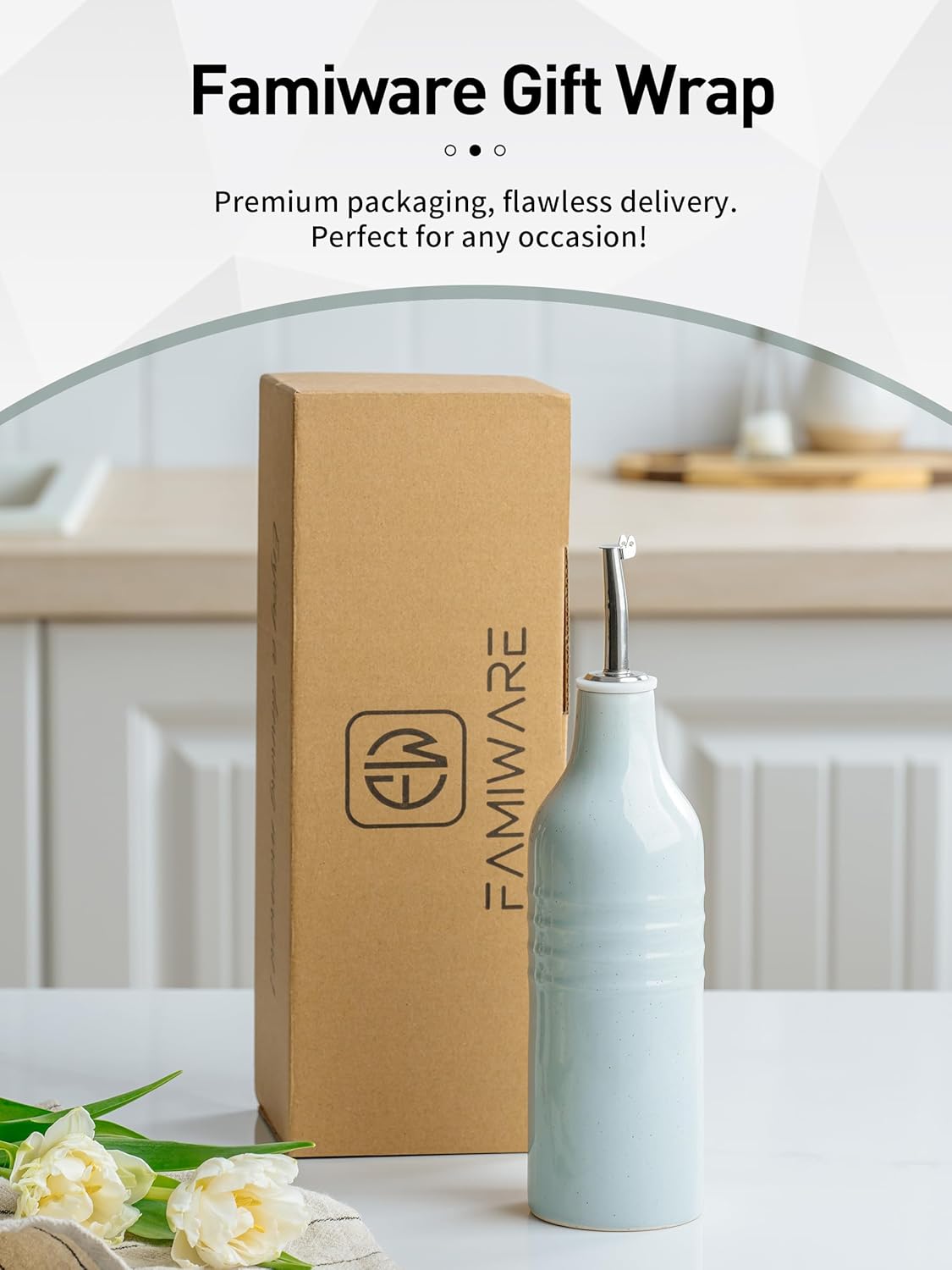 famiware Jupiter 16oz Ceramic Olive Oil Dispenser Bottle, Olive Oil and Vinegar Dispenser Bottle Set of 2 with Stainless Steel Pourers, Suitable for Storage Vinegar, Liquids, Light Blue