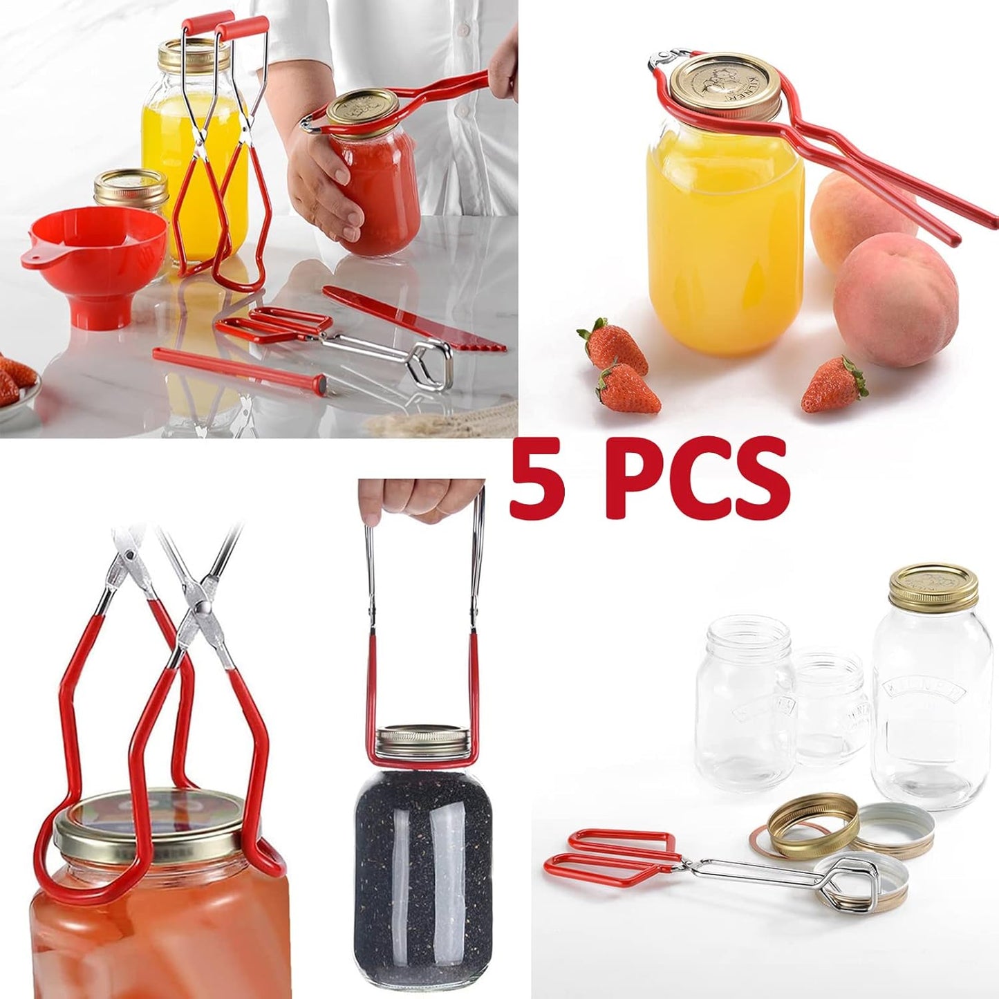5PCS Canning Supplies Canning Kit, Canning Essentials Set Include Tongs, Wide Mouth Funnel, Jar Lifter, Jar Wrench, Magnetic Lid Lifter, Stainless Steel Anti-Scald Clip Suit (Red)