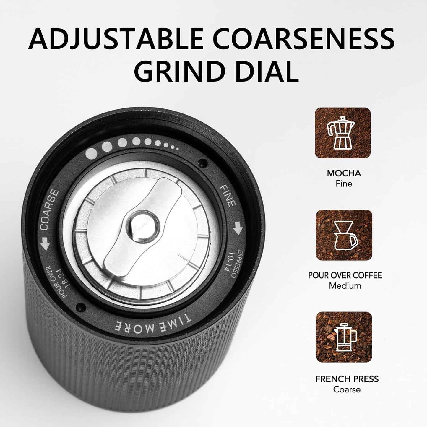 TIMEMORE Manual Coffee Grinder Stainless Steel Conical Hand Grinder Burr Chestnut C2S Internal Adjustable Setting Capacity 20g Pour Over Mocha Coffee for Travel, Camping, Home Black