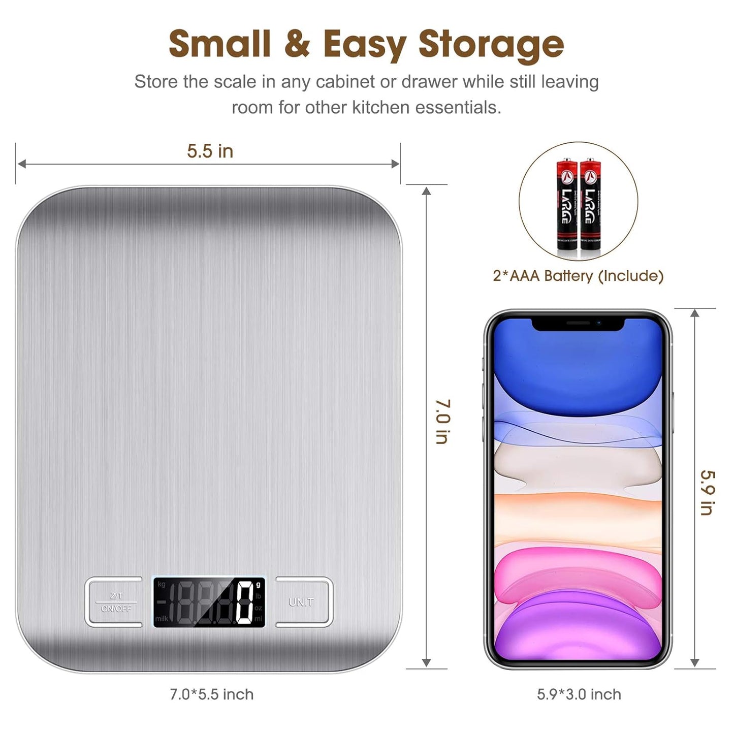 Mik-Nana Food Scale, 22lb Digital Kitchen Scale Weight Grams and Oz for Baking and Cooking, 1g/0.1oz Precise Graduation, Easy Clean Stainless Steel