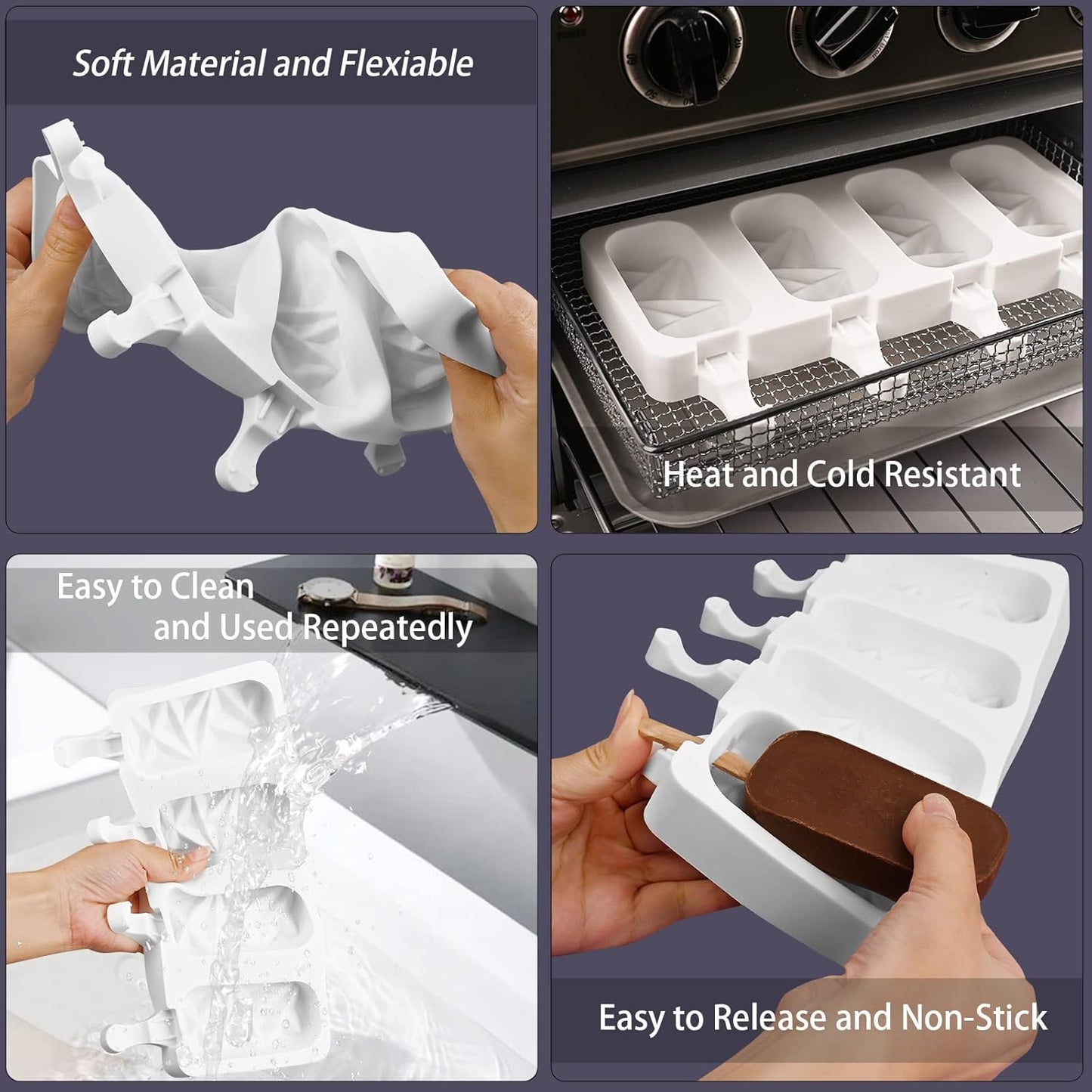 Sakolla 2 Pack Silicone Popsicle Molds, 4 Cavities Diamond Ice Cream Molds with 50 Wooden Sticks for Ice pop, Cake Pop, Cakesicles (White)