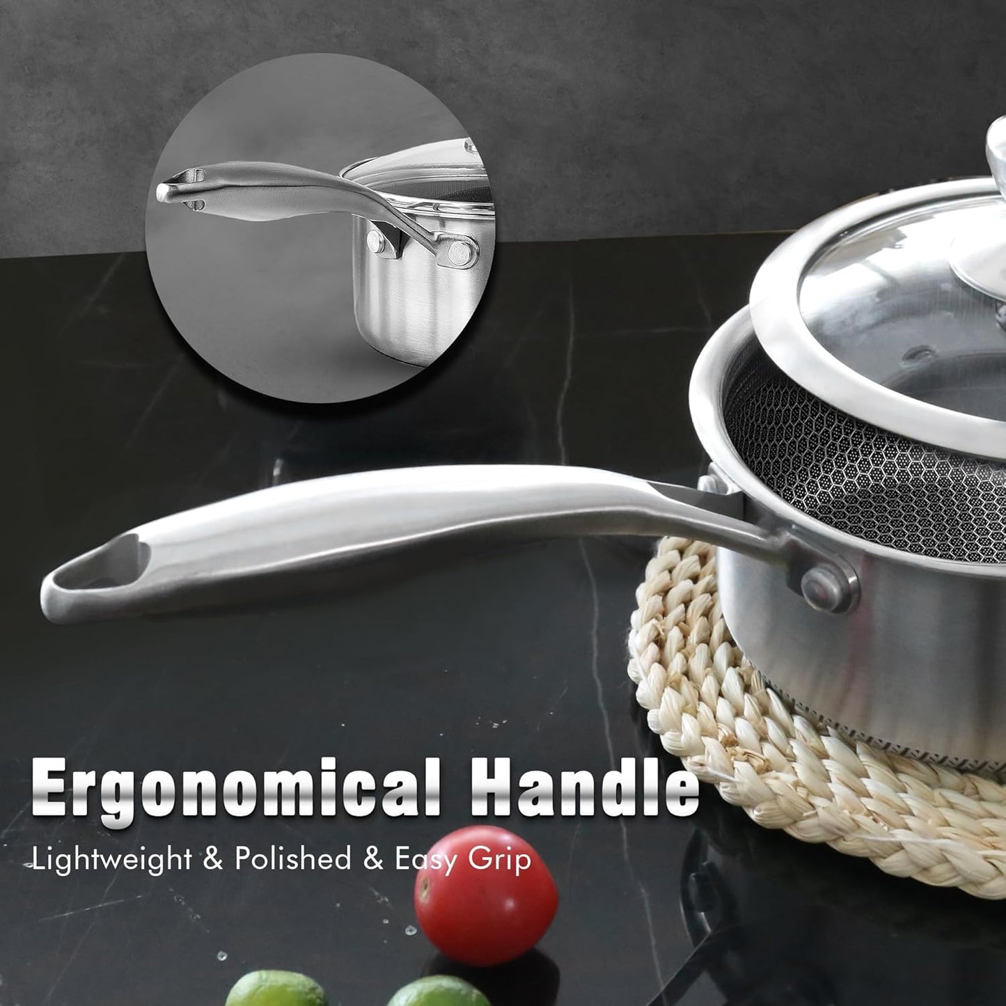 AuFranc™ Hybrid Nonstick 1 Quart Stainless Steel Saucepan with Glass Lid, Induction Sauce Pan with Honeycomb Carving, Non-stick Sauce Pot Compatible with All Cooktops, Dishwasher Safe, Non-Toxic